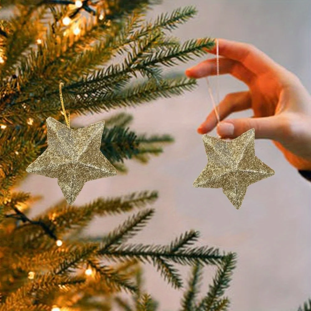 14pcs Glitter Star Pendant Christmas Tree Mini Hanging Stars Christmas Decorations for Party and Home Festive Creative Design