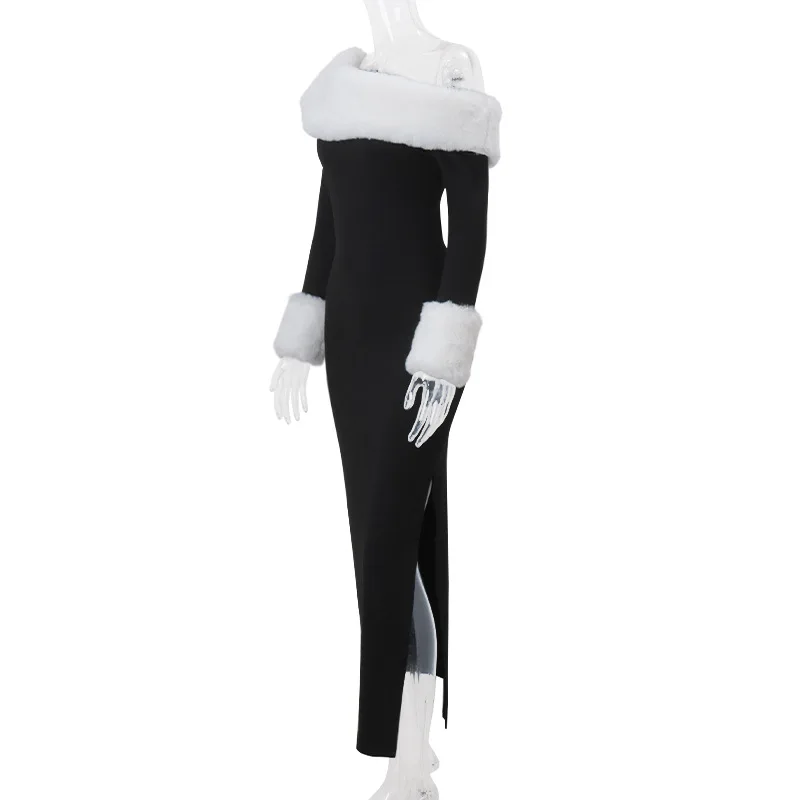 Vestido de manga larga con abertura y empalme de felpa para mujer, sexy, con cuello oblicuo, elegante, para fiesta de invierno.