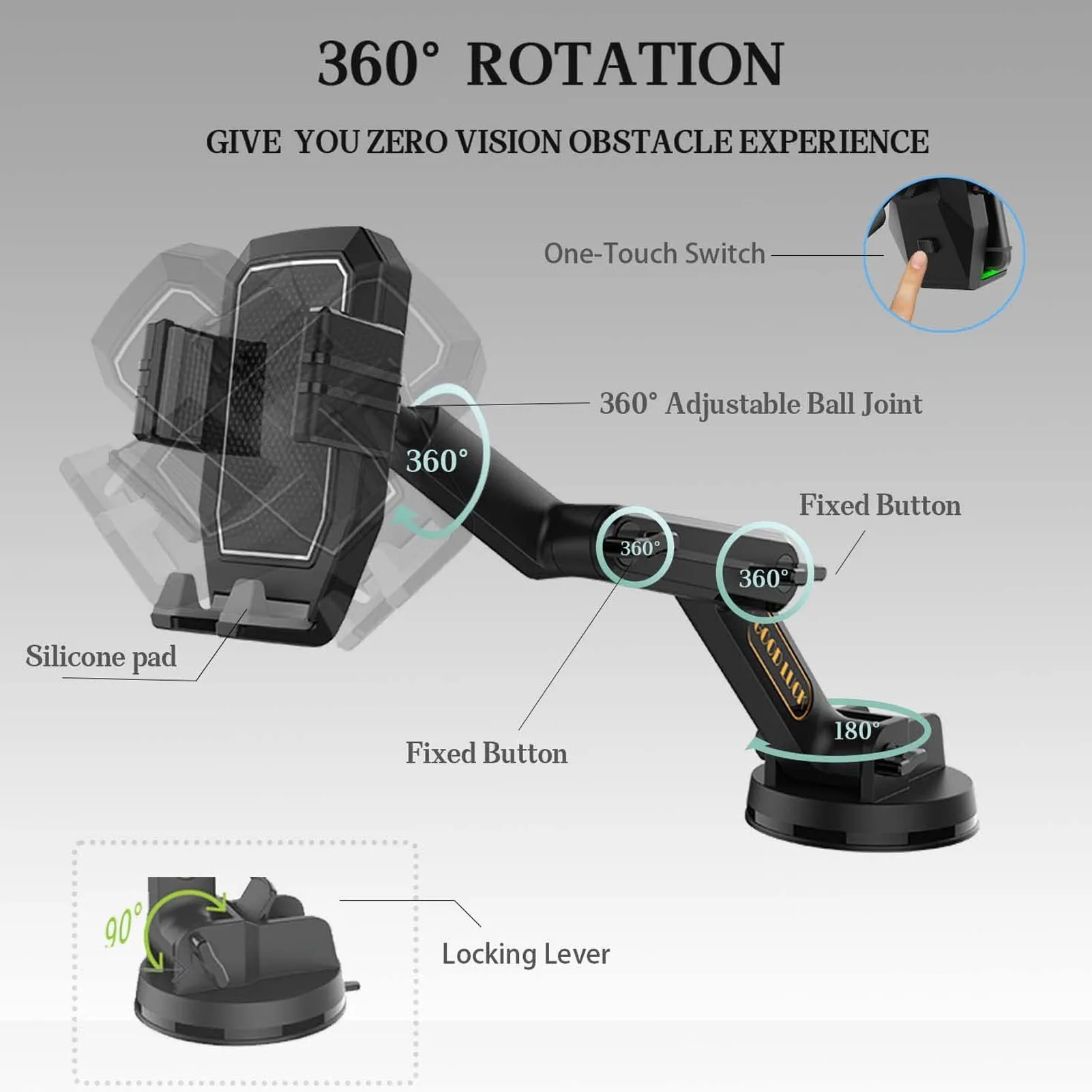 Heavy-Duty Dashboard Phone Holder with Long Stabilizing Arm and Super Suction Cup - Black