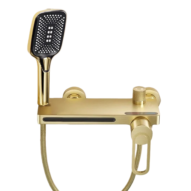 ชุดก๊อกผสมอาบน้ำแบบติดผนังสีทองขัดเงา พร้อมฝักบัวอาบน้ำทองเหลือง 6