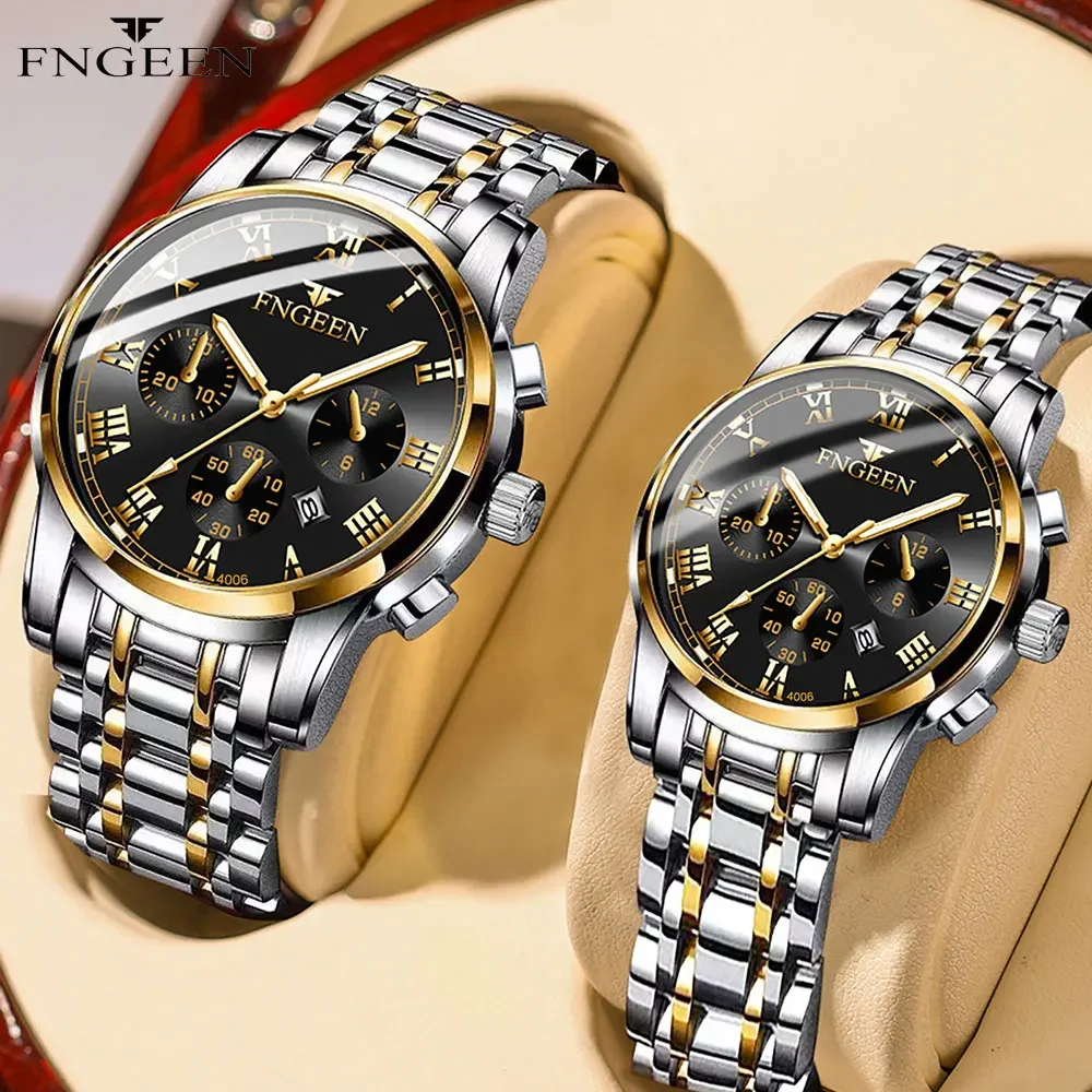BINBOND Elegant Quartz Couple Watches Set - Stylish Waterproof Stainless Steel Valentine's Gift
