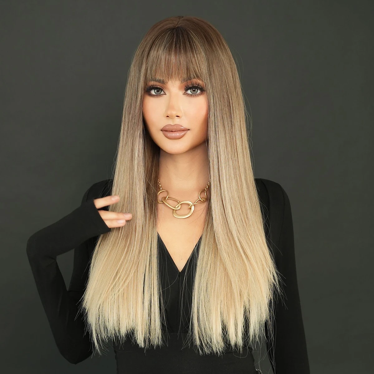 7JHH WIGS Synthetic Hair Wigs with Air Bangs Long Straight  Brown Ombre Blonde Wigs for Women Daily Party Use High Density sylvia long wavy brown wig synthetic full machine made wig with bangs brown wigs for women ombre blonde none lace wig 22 inches