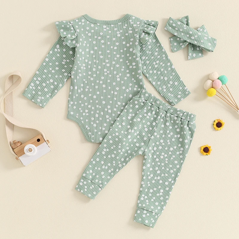 Focus norm 0-18m schöne Mädchen fallen Kleidung Sets 3 stücke Blumen druck Langarm gerippt Stram pler Schleife Hosen Stirnband – Detail 9