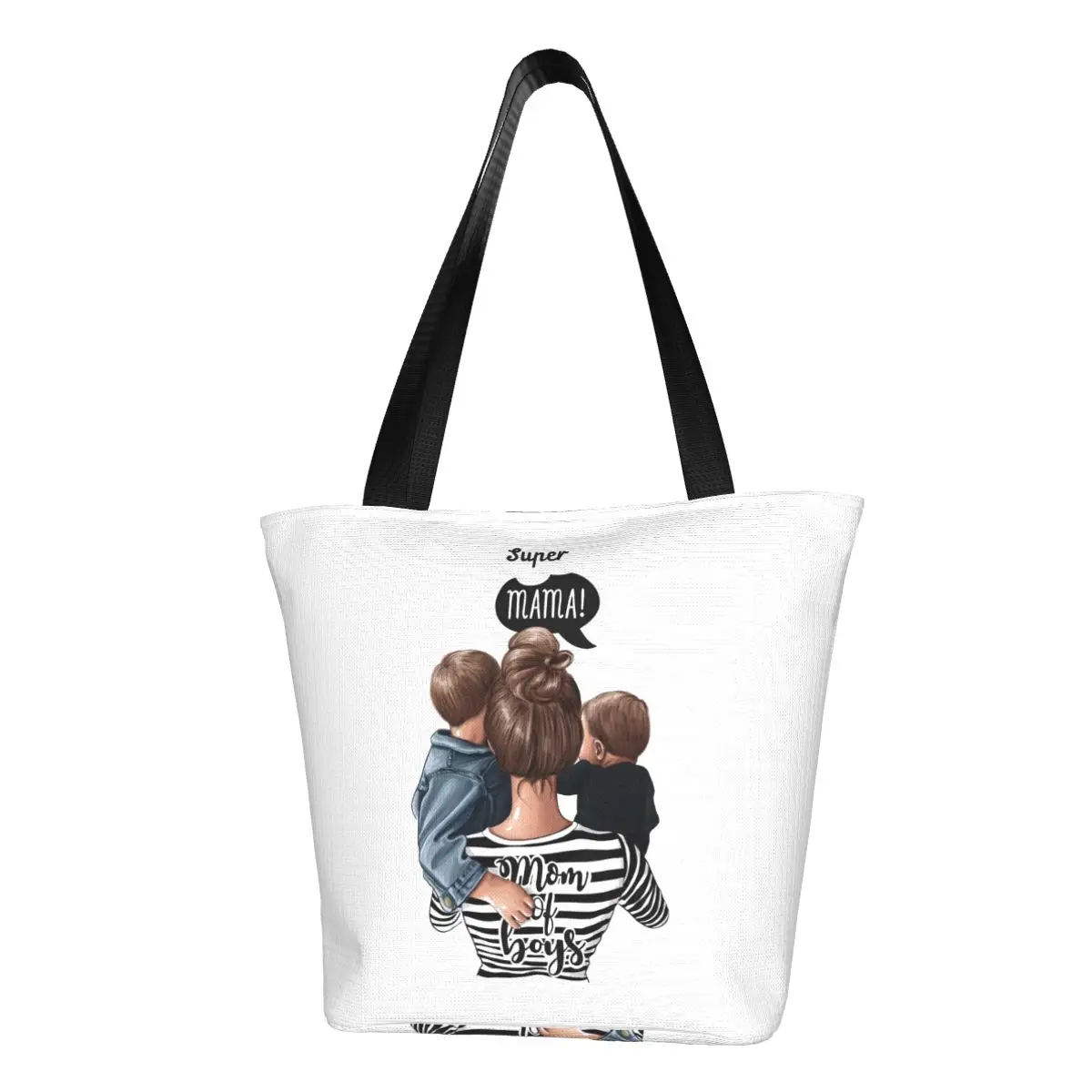 

Recycling Cartoon Super Mama And Baby Shopping Bag Women Canvas Shoulder Tote Bag Portable Fashion Cute Mom Grocery Shopper Bags