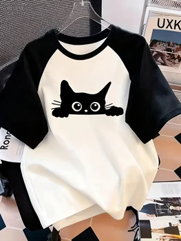Kawaii T Shirt  Retro Black Cat Letter Print Crew Neck T-Shirt Casual Short Sleeve Top for Spring Summer Women's Clothing 1