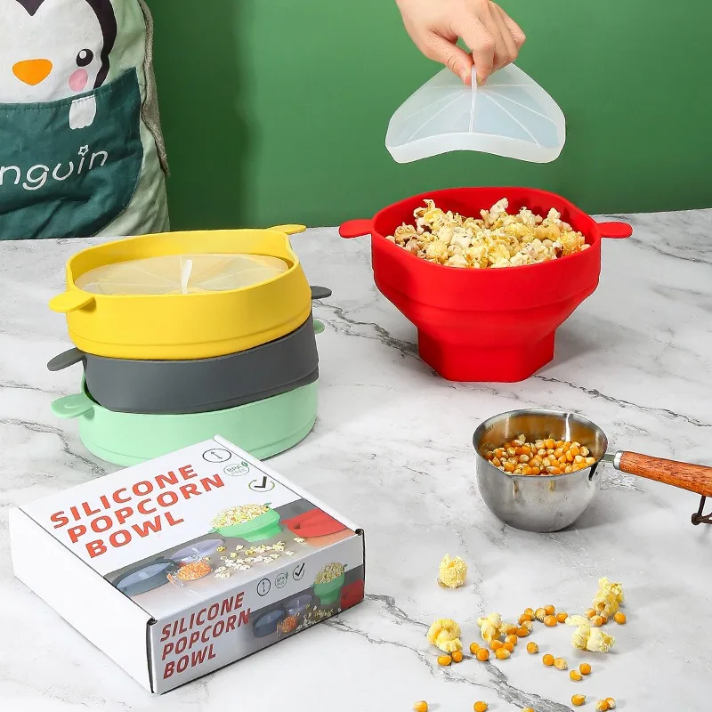 Foldable Silicone Popcorn Maker Bowl with Lid - Large Capacity Kitchen Baking Tool