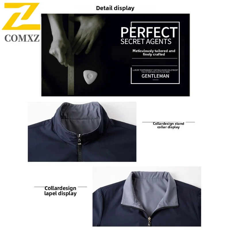 COMXZ 2025 New Spring Autumn Men Reversible Coat Mid Age Lapel Jacket Loose Fit Big Size Top Waterproof Windproof windbreaker