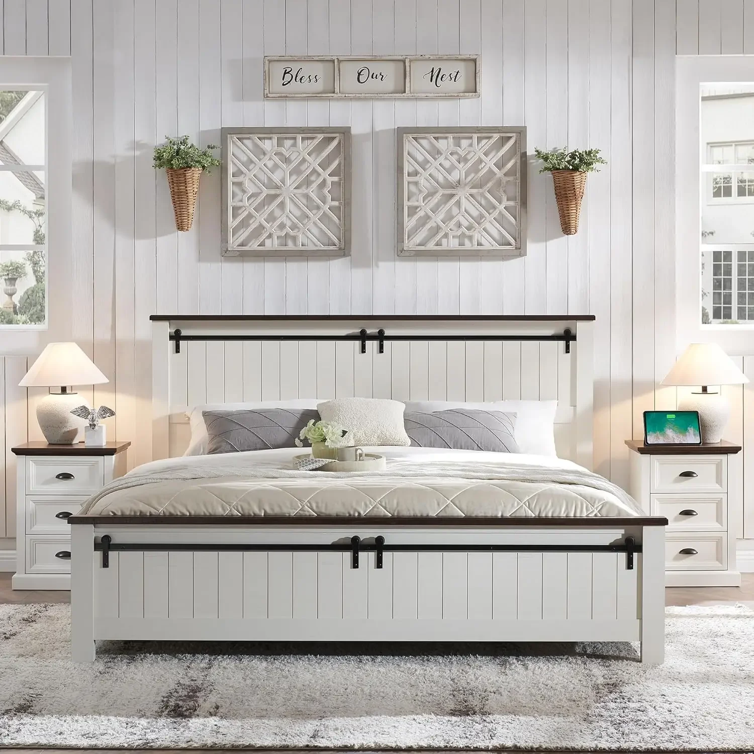 Amerlife Barrow Bed Frame 49" Tall Headboard Wood Bed Sliding Barn Door Storage