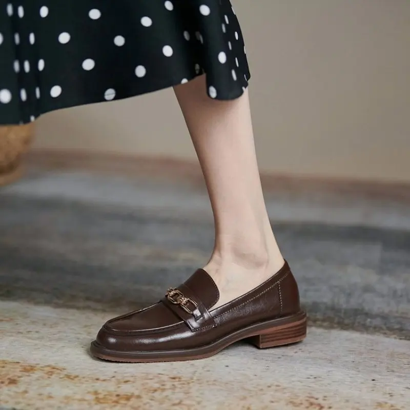 2024 NEW English Style Spring Split Leather Women Shoes Casual Slip-On Loafers Square Toe Chunky Heel Shoes Woman Pumps Handmade