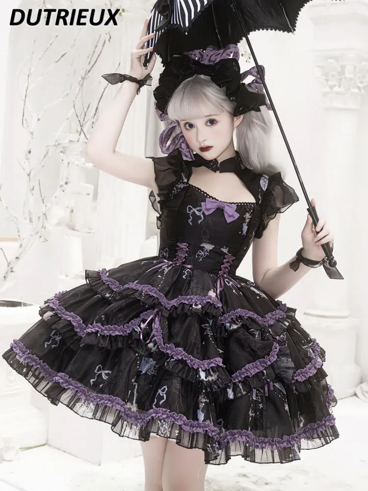 

Original Lolita Sweet Girl Lace-up Bow JSK Short Strap Princess Dress Japanese Style Women Kawaii Waist Dress Vestidos De Mujer