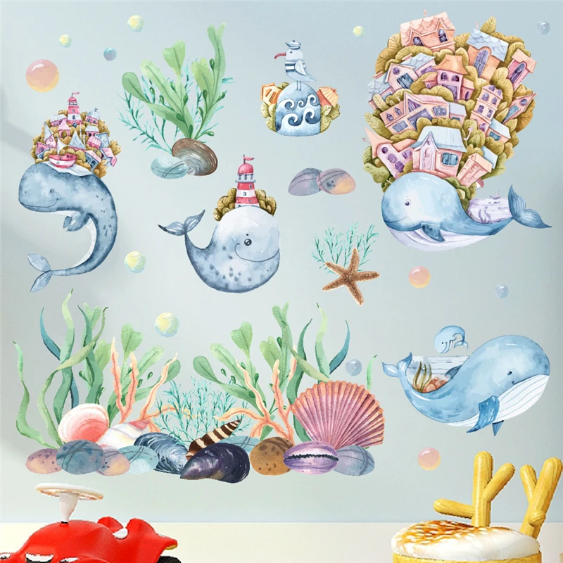 

Настенные Стикеры с забавными китами, рыбками, морскими рыбками для детской комнаты, украшение для ванной комнаты, самодельный декоративный настенный плакат из ПВХ