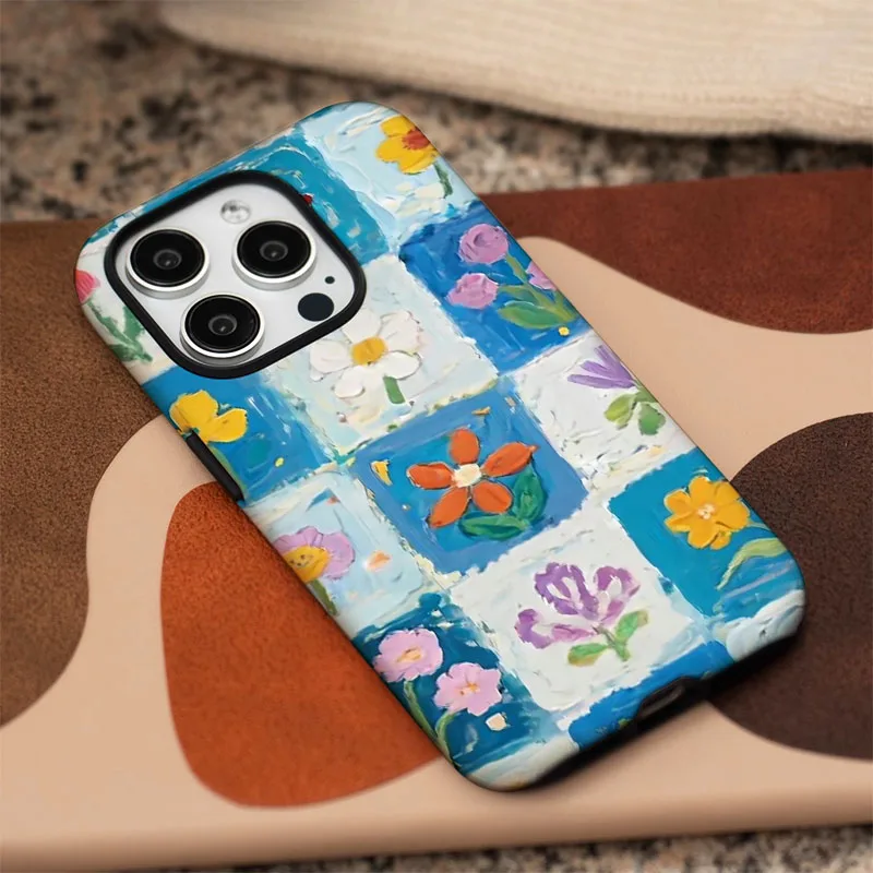 Elegant Floral Matte Grid Shockproof Phone Case with 2-in-1 Design