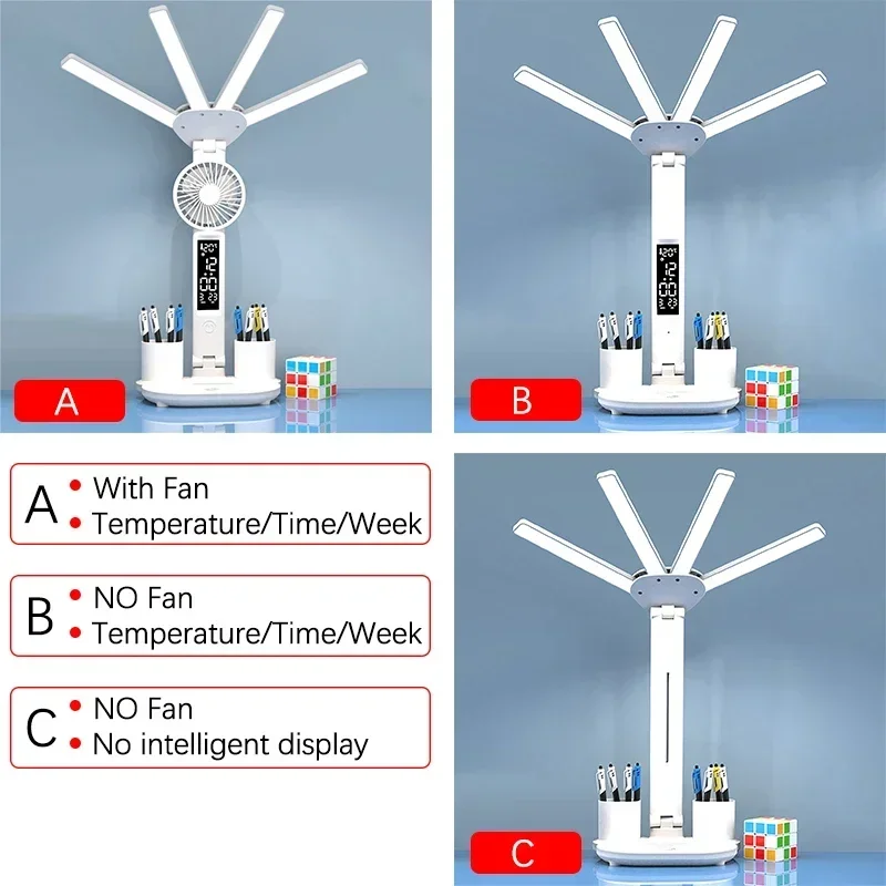 4 Head LED Desk Lamp Temperature Time Week Intelligent Display Foldable Eye Protection Reading Night Light with Pen Holder