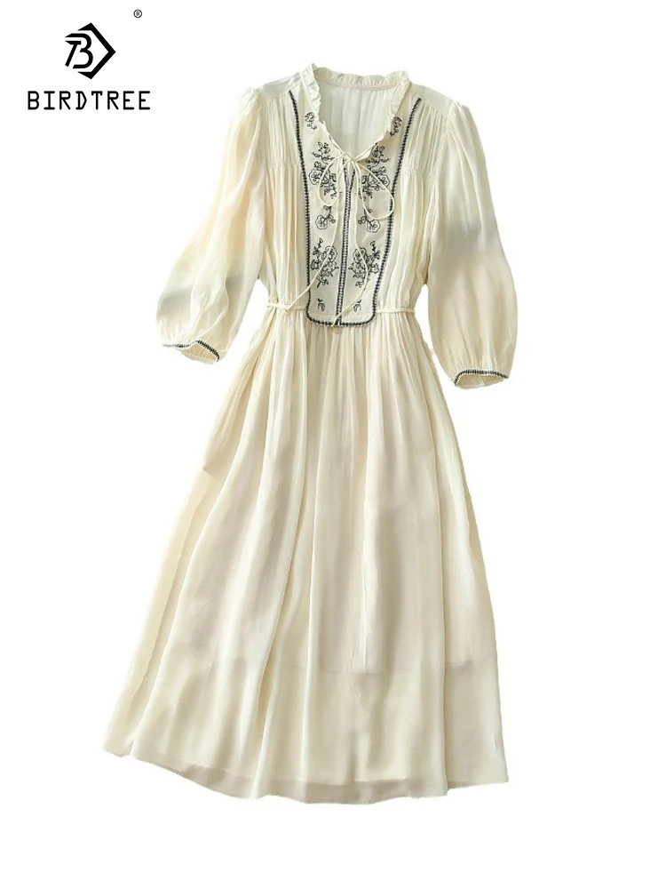 

Элегантное платье BirdTree из 100% натурального шелка, женское платье с круглым вырезом и длинным рукавом с вышивкой, простое шикарное платье в стиле ретро, лето 2024, D44772QC
