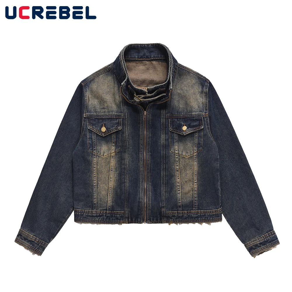 

Streetwear Raw Hem Loose Denim Jacket Mens Autumn Casual Washed Blue Lapel Long Sleeve Outerwear Men