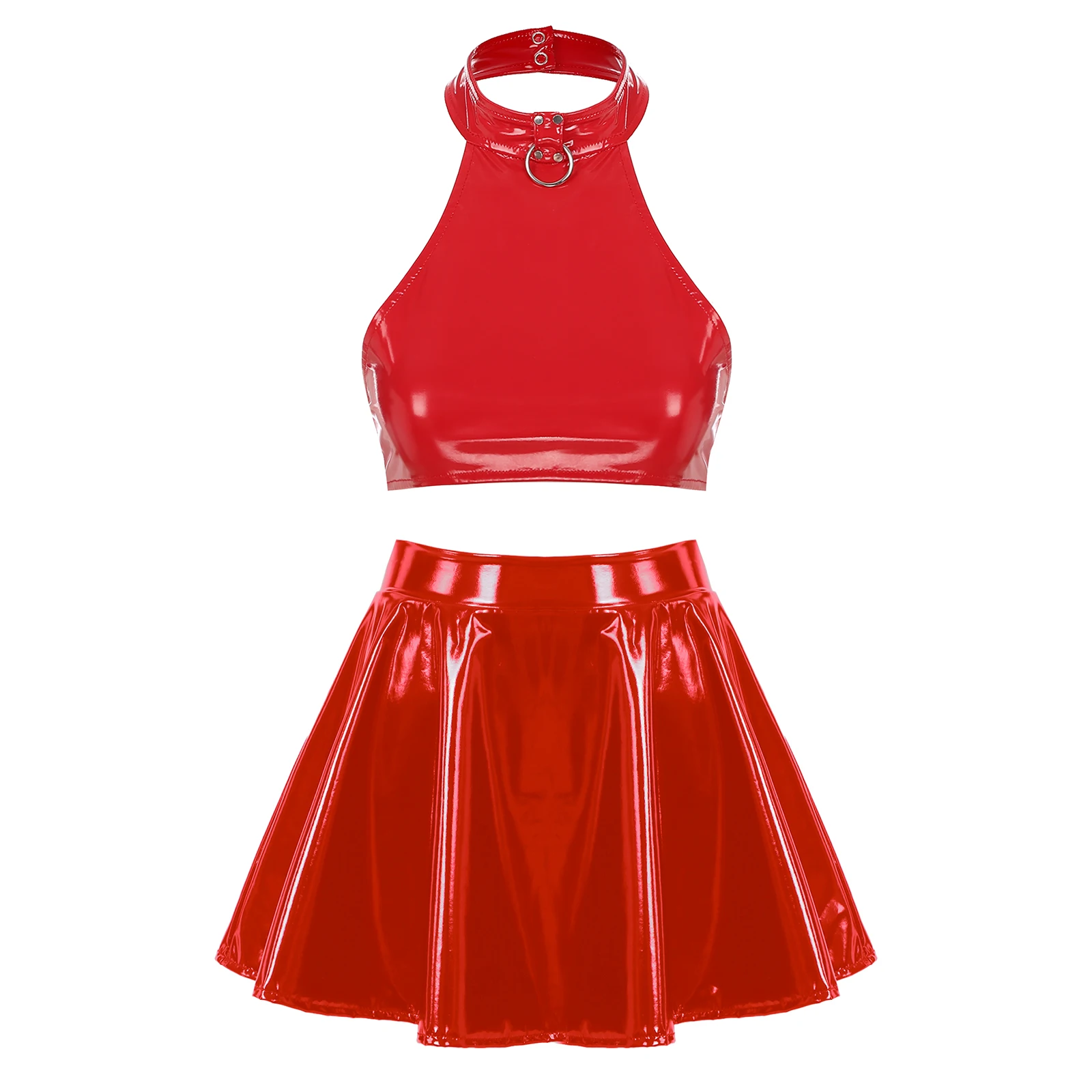 thumbnail image 1 of Top corto de charol para mujer con falda acampanada con cremallera Invisible, traje de baile en barra, ropa para discoteca, traje de fiesta Rave, 1 of 5
