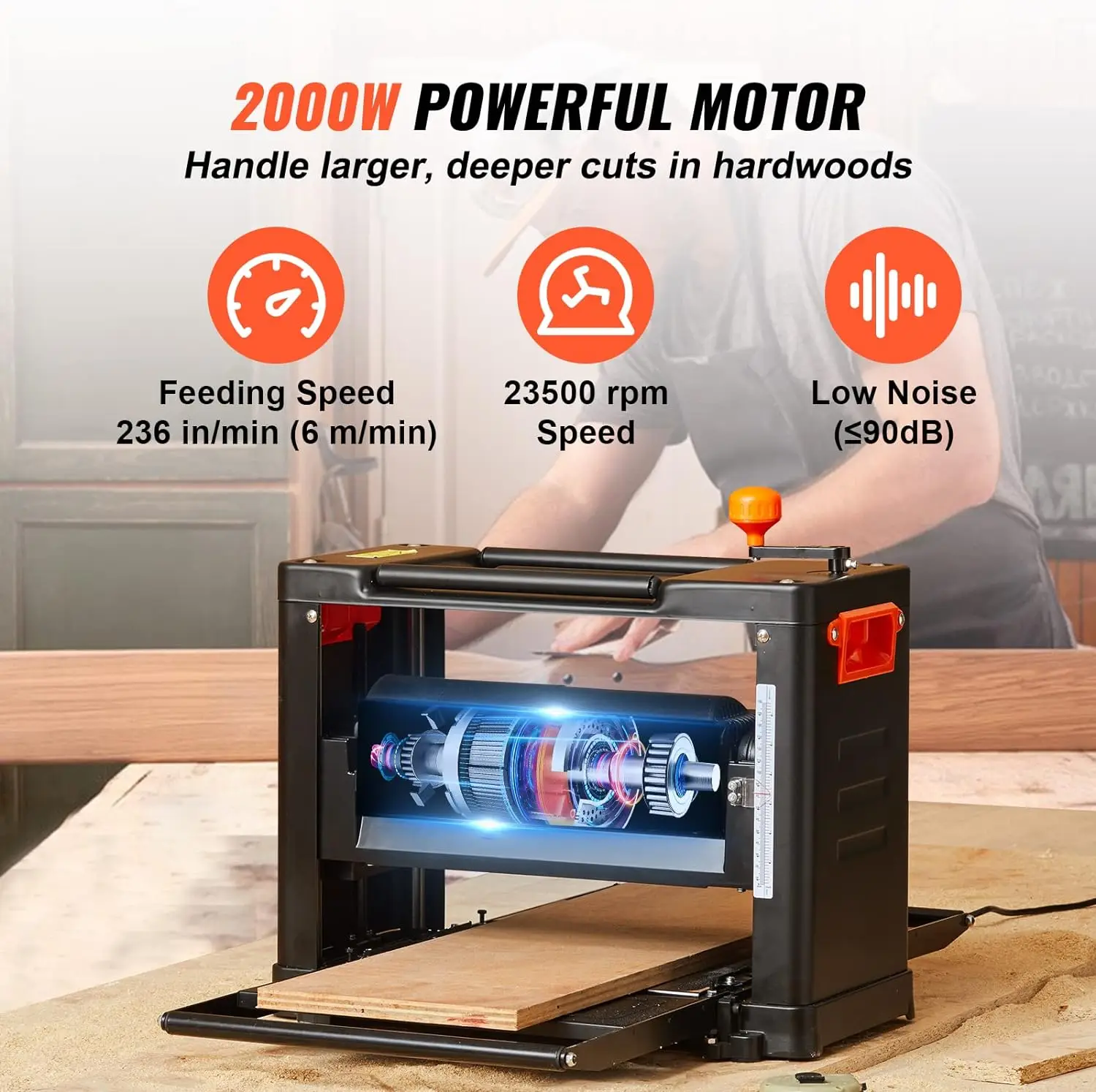 Power Benchtop Planers Three-Blade Two Speed 13" Width Worktable Thickness Planer with Extended Infeeding Table