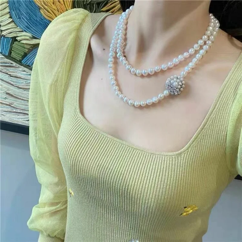 

gorgeous long handmake 9-10mm south sea round white pearl necklace38" necklace tassel necklace chains