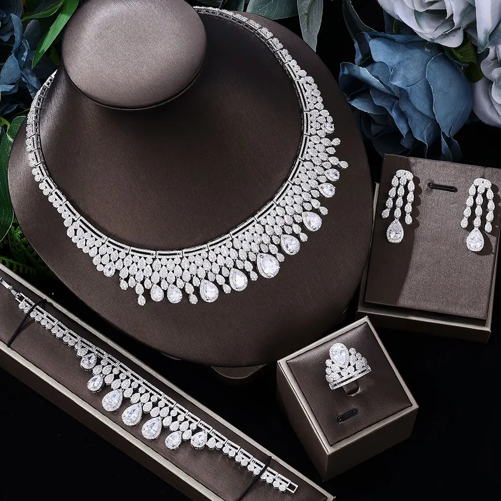 

2024 New Luxury Women's Jewelry Elegant Shape Bridal Necklace Earrings Bracelet Ring Jewelry Set Bridal Wedding Jewelry Set