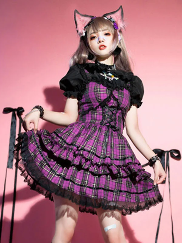 Idol clothes Lolita JSK Dress Rose Red Plaid Print Pattern Ruffles Bows Sweet Lolita Jumper Skirts