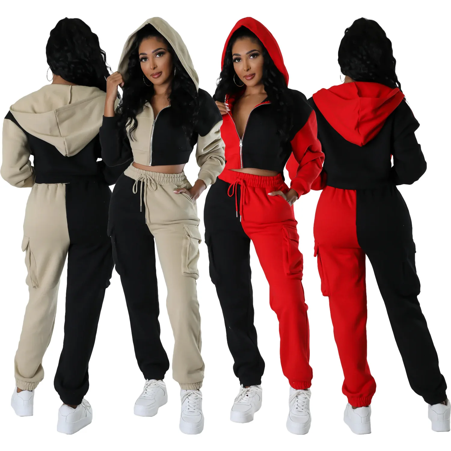 

Plush Sweater Pants Set for Women Autumn Winter Thick Splicing Contrasting Colors Pocket Hoodies Causal Sport Two Piece Suits