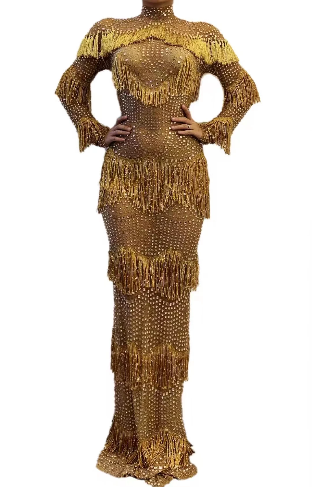 

Di Dance Women's Gold Multilayer TasselAmerican Slim Fitting Gown Dinner Party EveningDress Singer Stage Costume A349