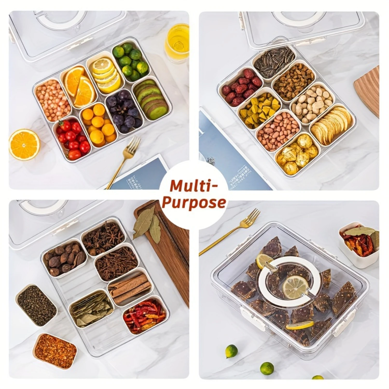 Divided Serving Tray with Lid and Handle--Snackle Box Charcuterie Container for Portable Snack Platters-Clear Organizer for Ca