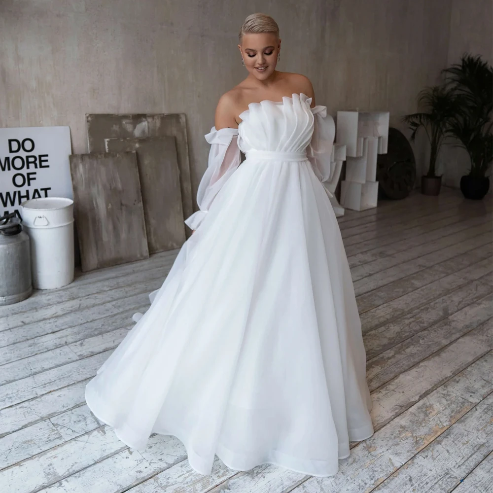 

Simple Organza Wedding Dresses Strapless Scalloped Collar Bridal Growns Detachable Sleeves Floor Length A Line Vestidos De Novia