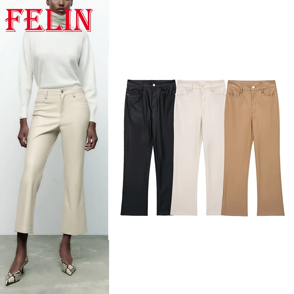 TRAF 2022 Woman Vintage Leather Pants High Waist Side Pockets Long Pants Button Zippper Solid Pocket Trousers PU Flare Trousers