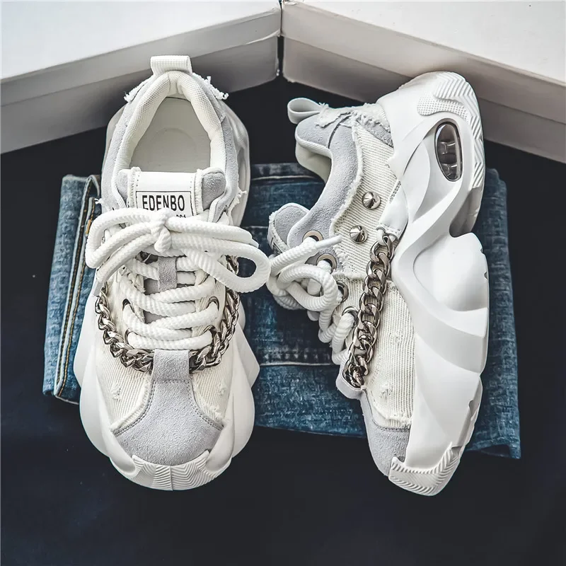 Men's Shoes 2024 Autumn New Trendy Thick Soled Height Increasing Shoes Wear-resistant Metal Chain Tie Comfort Rivet Sneakers