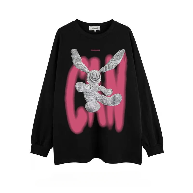 

Men Women European American Hip-hop Print Graffiti O-neck T-shirts Top Spring Autumn Trendy Loose Casual Couple Bottoming Shirt
