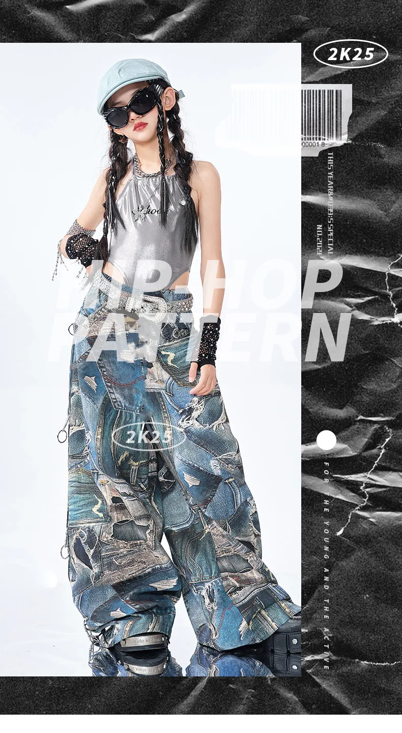 Hip hop girls’ silver vest and blue pants dance outfit for kids' street jazz performance. blue