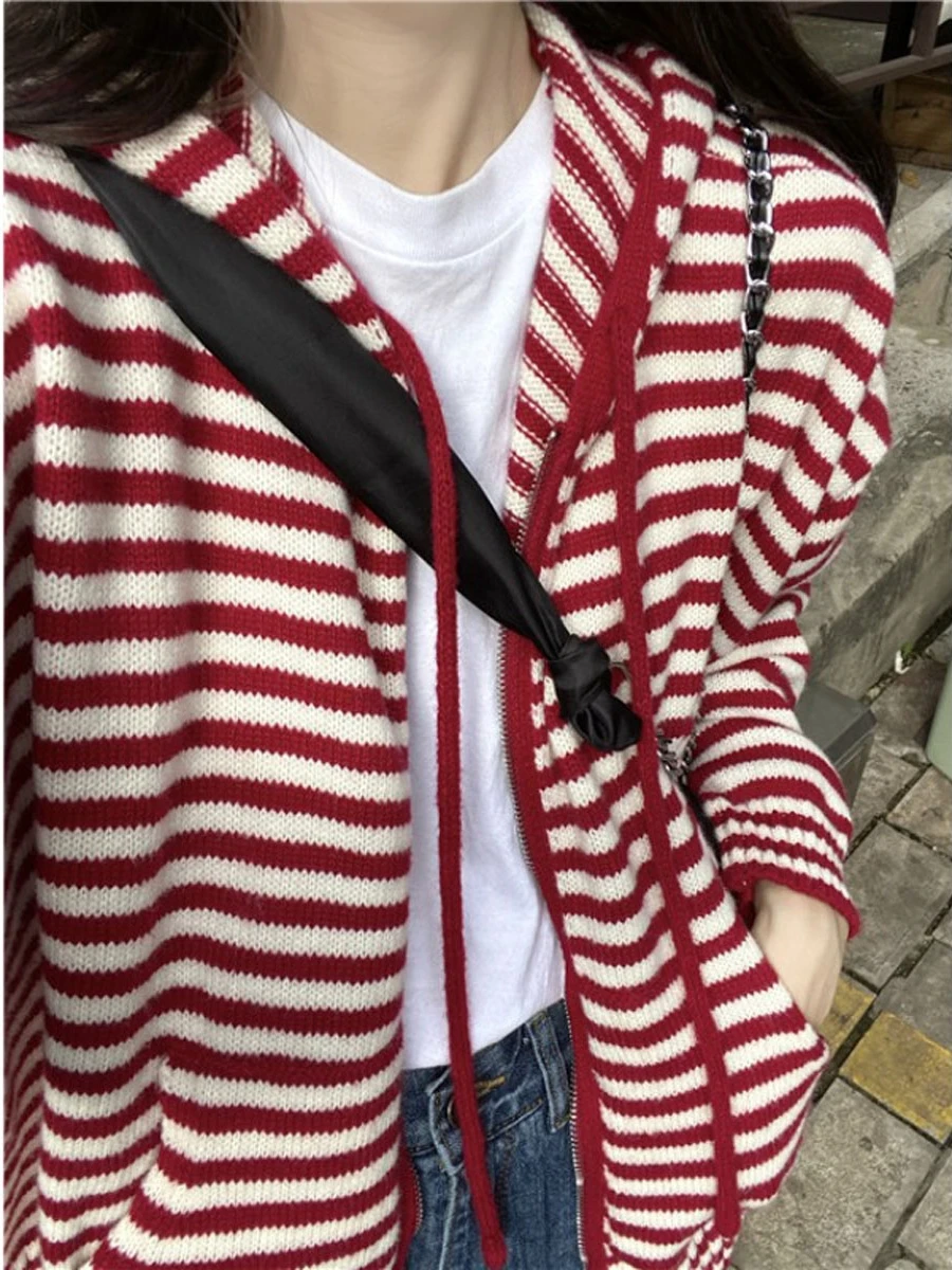 여성용 콘트라스트 스트라이프 후드 지퍼 스웨터 재킷, 캐주얼 긴팔 상의, 루즈 니트 가디건, 용수철 가을 신상