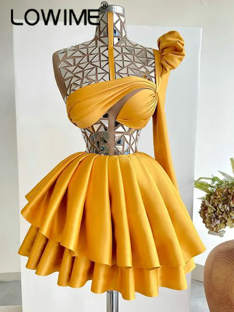 

Золотые блестящие короткие платья для выпускного вечера с длинным рукавом и высоким воротом, атласные платья с кристаллами для вечеринки в африканском стиле на день рождения, 2022