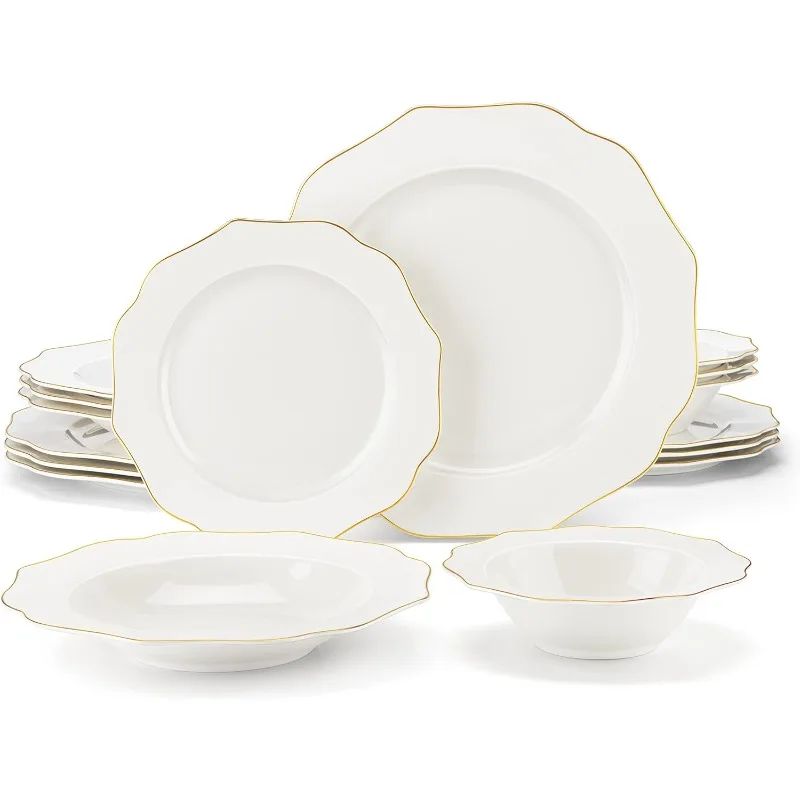 

Bone China Dinnerware Set, 16 Piece White Plates and Bowls Sets with Golden Rim, Round Dinner Plate Set for Dessert and Pasta