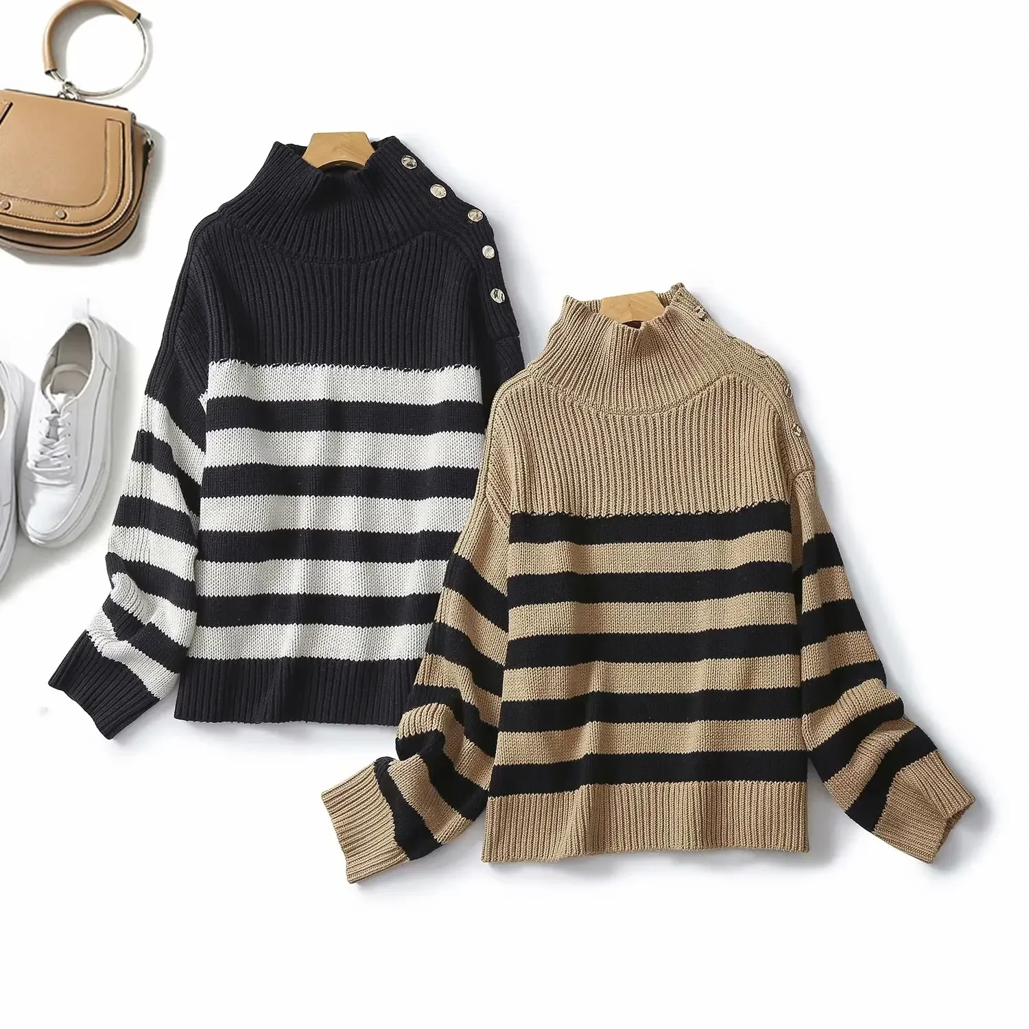 

Co Women's 2023 New Fashion Joker Two-color Casual Button Accessories Knitted Sweater Retro High-necked Long-sleeved Chic Top