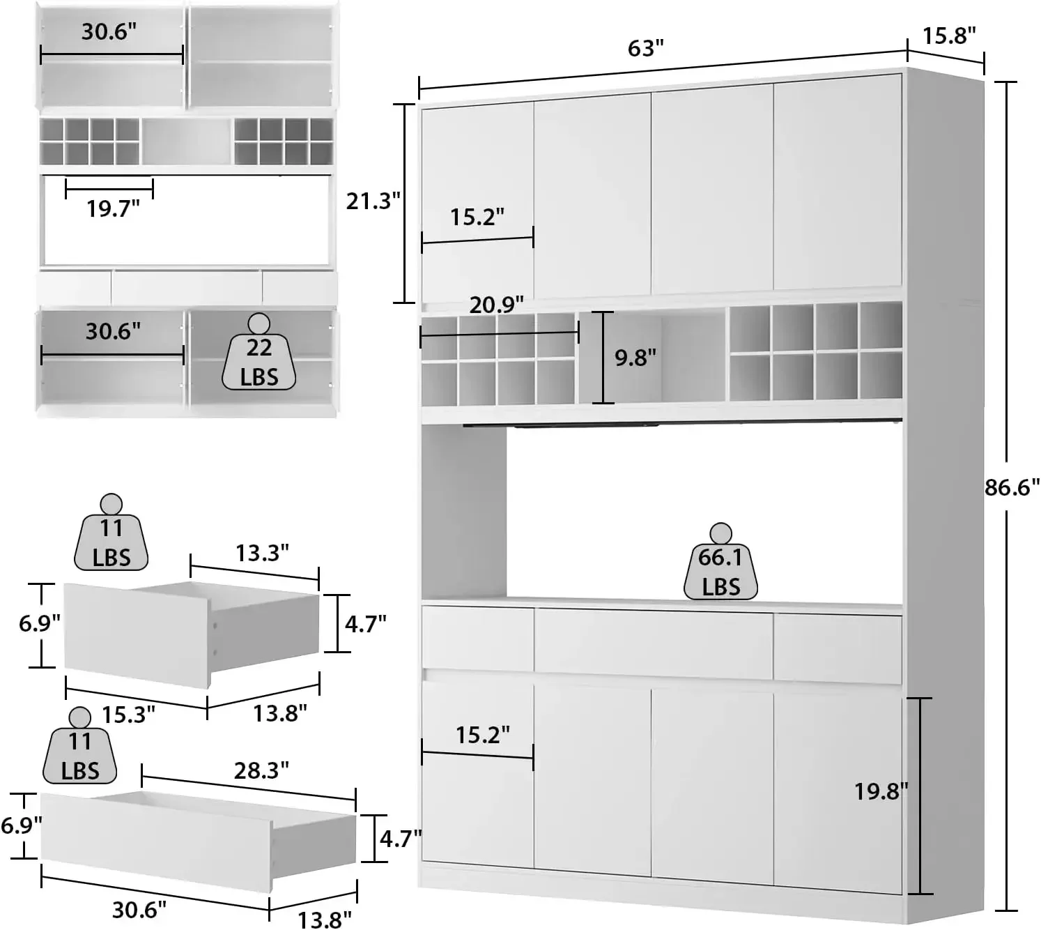 63" Wide Kitchen Hutch Cabinet, Storage Cupboard Pantry with 8 Doors, 3 Drawers, Wine Rack & Microwave Shelf, Utility Cupboard