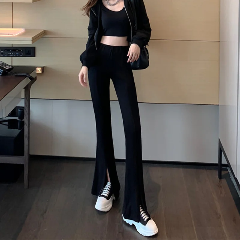 

New High Waist Slim Body Solid Flare Pants 2024 Women's Autumn and Winter Gray Sports Pants Straight Knit Casual Trousers Pop