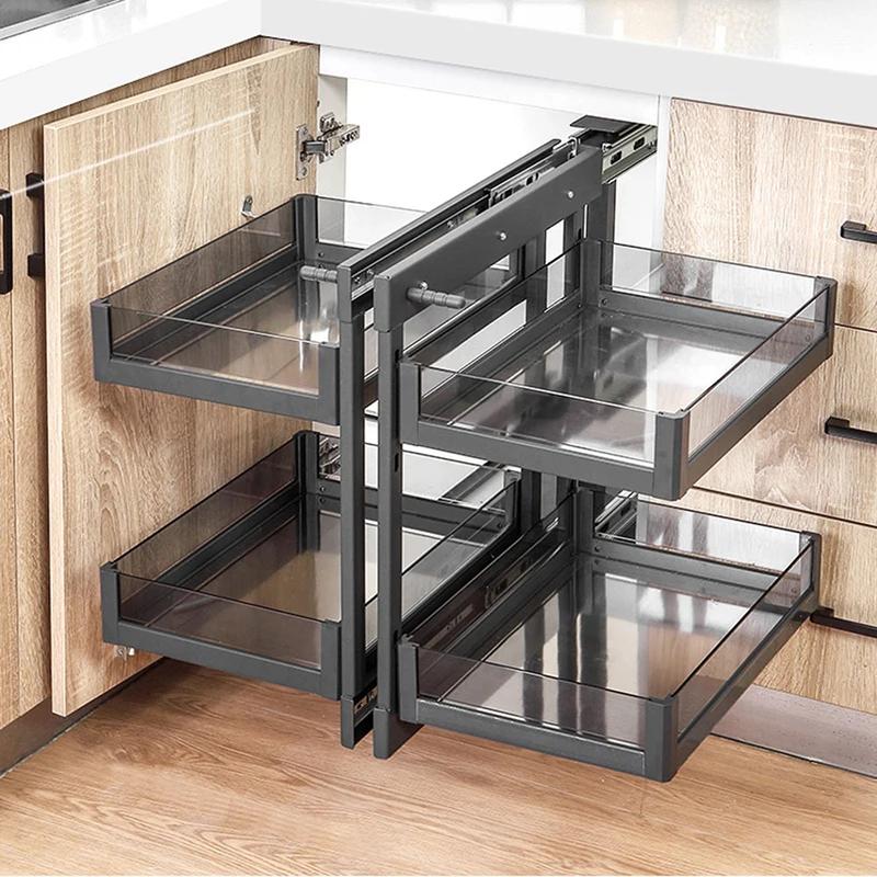 Kitchen Universal Magic Corner For Kitchen Cabinet Blind Corner Swing Tray Pull Out Cabinet Magic Glass Grey Basket