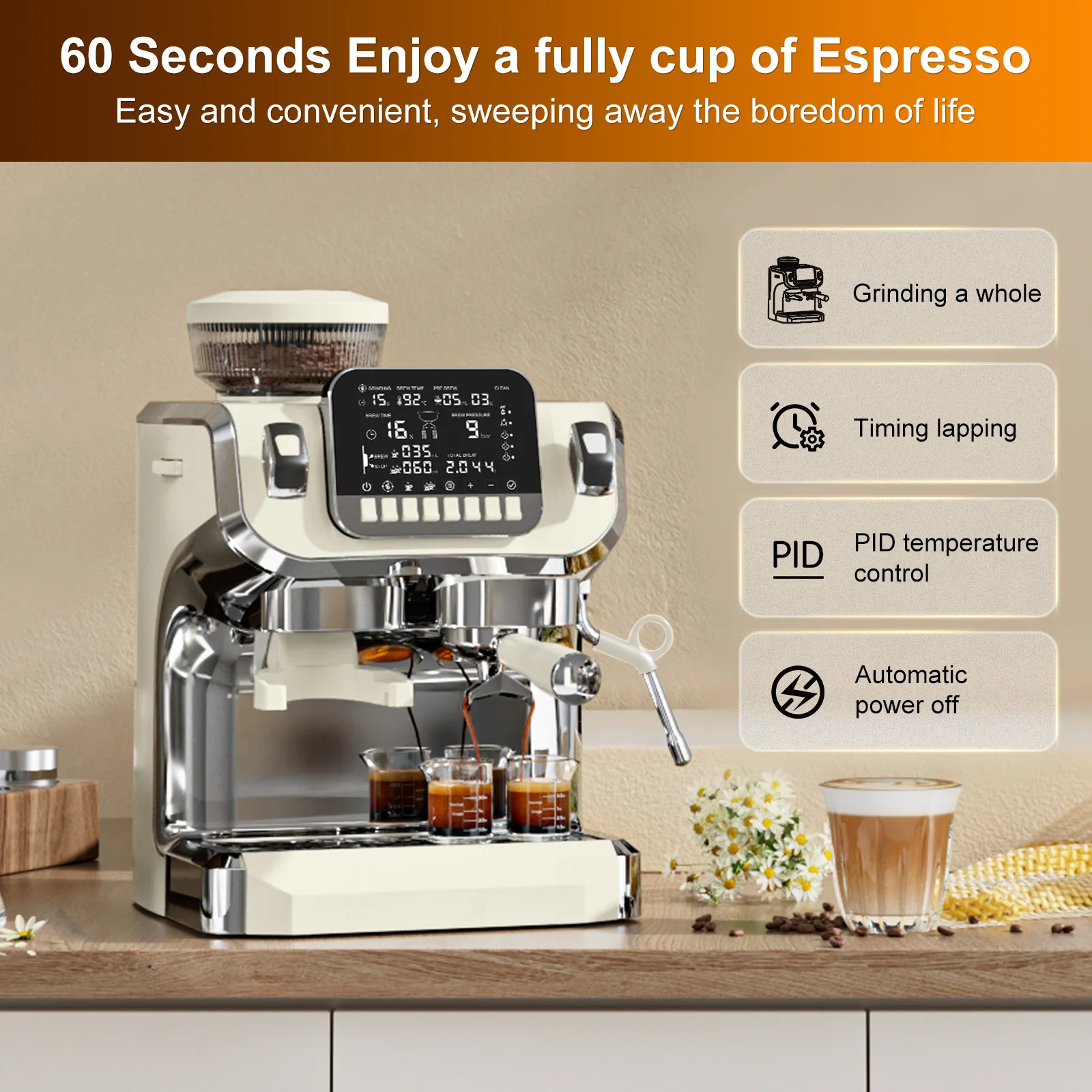 Semi-Automatic Coffee Machine with Grinder & Steam...