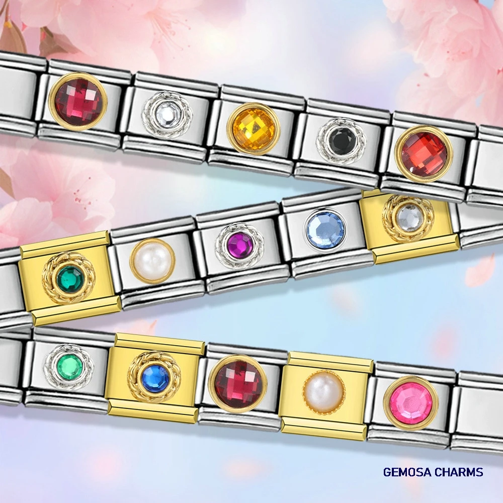 GEMOSA Bunte Zirkonia Y2k Runde kreisförmige italienische Charm-Links passen zu 9 mm Edelstahl-Armbändern, Schmuck, DIY-Herstellung von Schmuck
