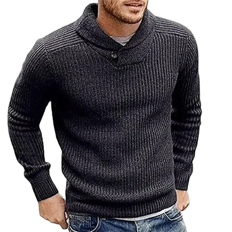 2023 Vintage Lapel Button Decoration Sweater Men Autumn Winter Thickened Warm Jumpers Male Casual Solid Color Knitted Outerwear