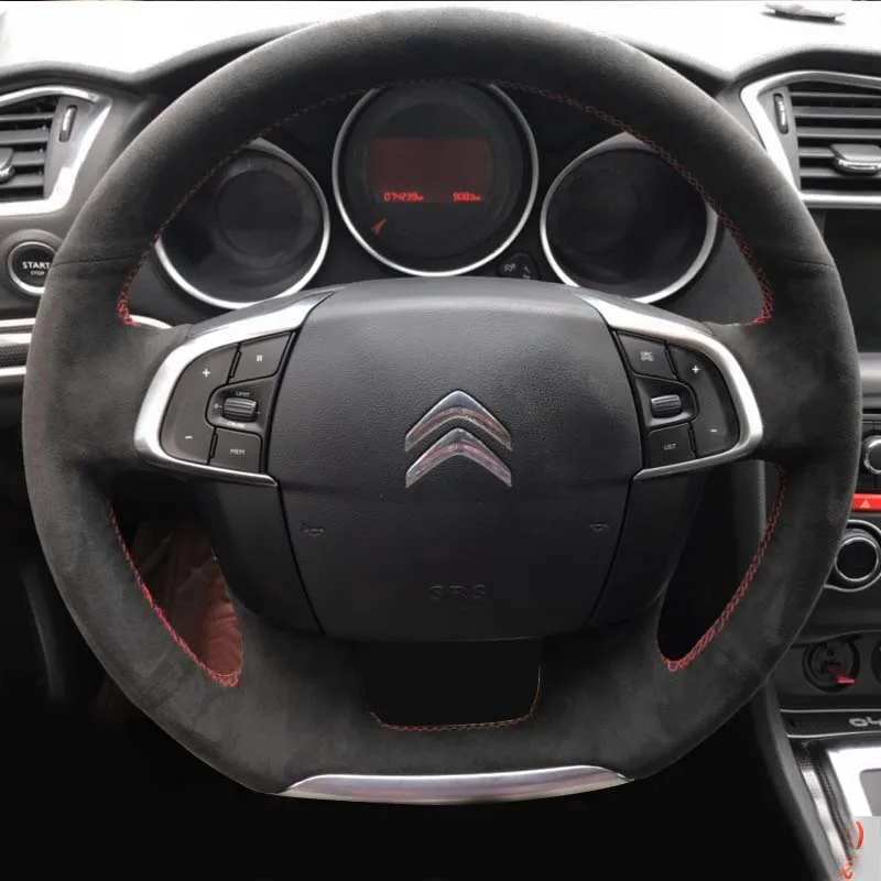 

Custom Hand Stitched Non-slip high-quality Black suede Car Steering Wheel Cover For Citroen C4 C4L 2011-15 Interior Accessories