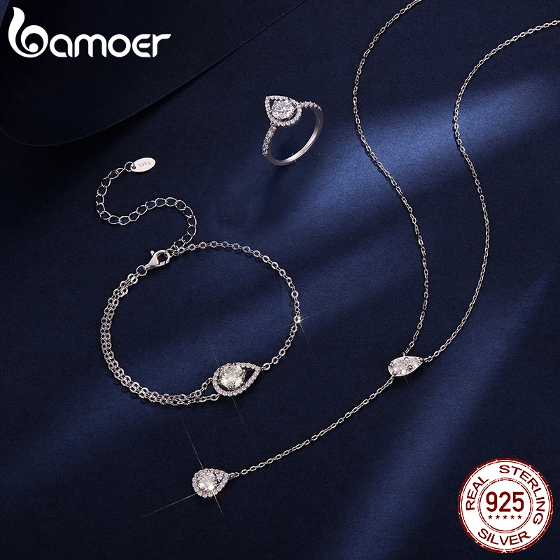BAMOER 0.9-2.9CT Moissanite 목걸이 반지 페어 컷 물방울 팔찌 여성용 웨딩 쥬얼리 세트