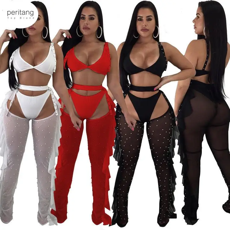 

Sexy 3 Piece Set Bra Top Thongs Pearls Ruffle Sheer Mesh Pants Night Club Outfits Fashion Bikini Trousers Suit 3 Colors