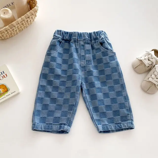 0 - 5 Y Little Kids Girls Boys Pants Korean Children's Clothes 2025 Cotton Checkered Jeans with Stylish and Comfortable Fashion 1