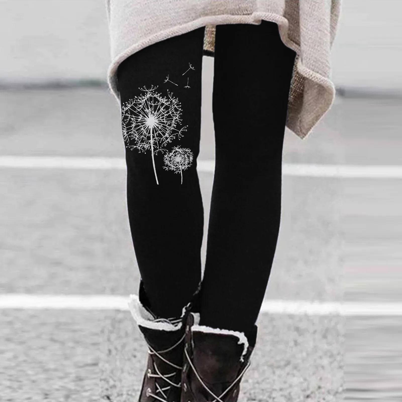 Womens Winter Casual Leggings Elastic Waist Thermal Capris Workout Trousers Thermal Prints Pants