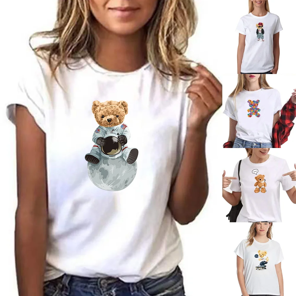 

Summer Short Sleeve Cute Bear Printed T-Shirt Women 2023 Loose Casual O-neck Tees Top Youthful Sports Breathable Shirt Pullover