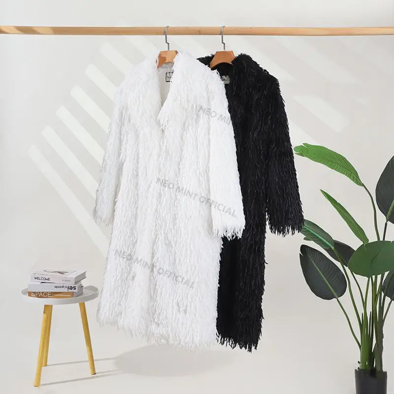High Street Feathers Eco Fur Coat Women Winter Lapel Faux Fox Fur Jacket Solid Long Fluffy Fur Overcoat Female