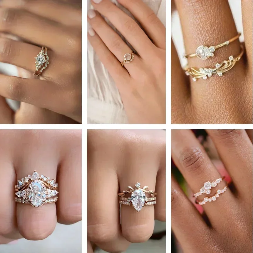 2-piece Ring Set Collection European and American Zircon Engagement Set for Ladies Wedding Party Jewelry Accessories